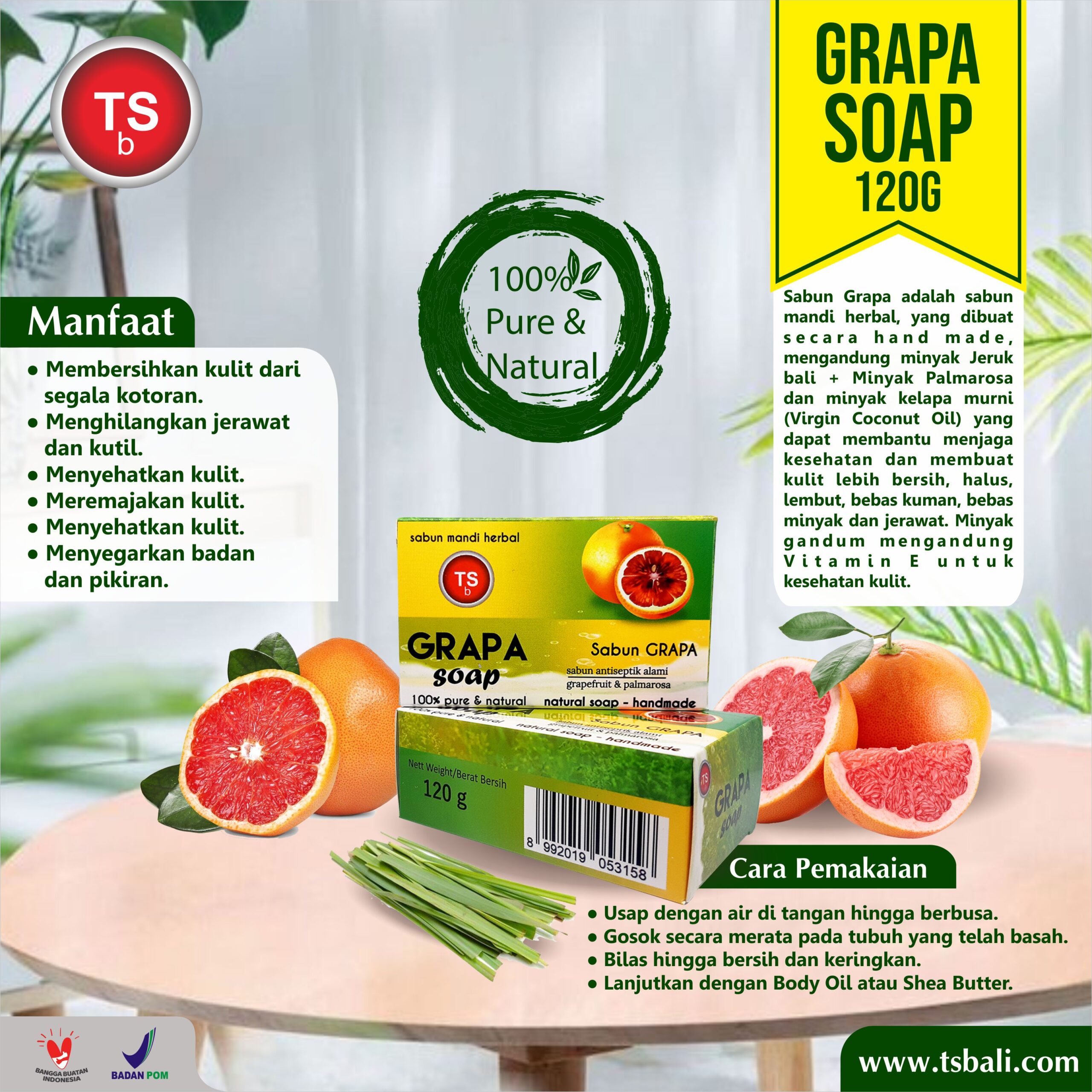 Grapafruit & Palmarosa Oil Natural Bar Soap Sabun Grapa Murni - Image 2