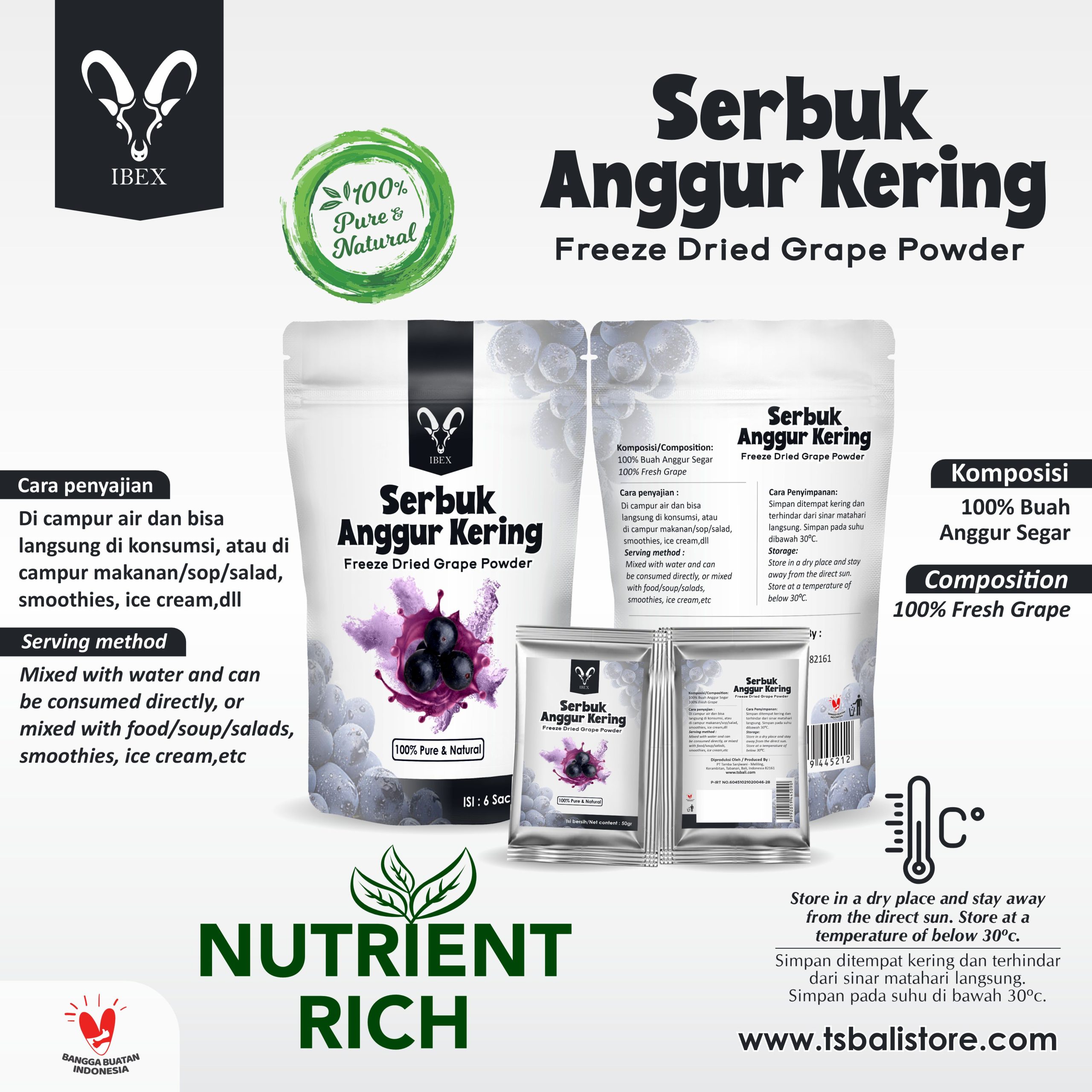 IBEX Freeze Dried Grape Powder Pure/Bubuk Anggur 100% Asli 6s @50gr - 1 pouch - Image 2