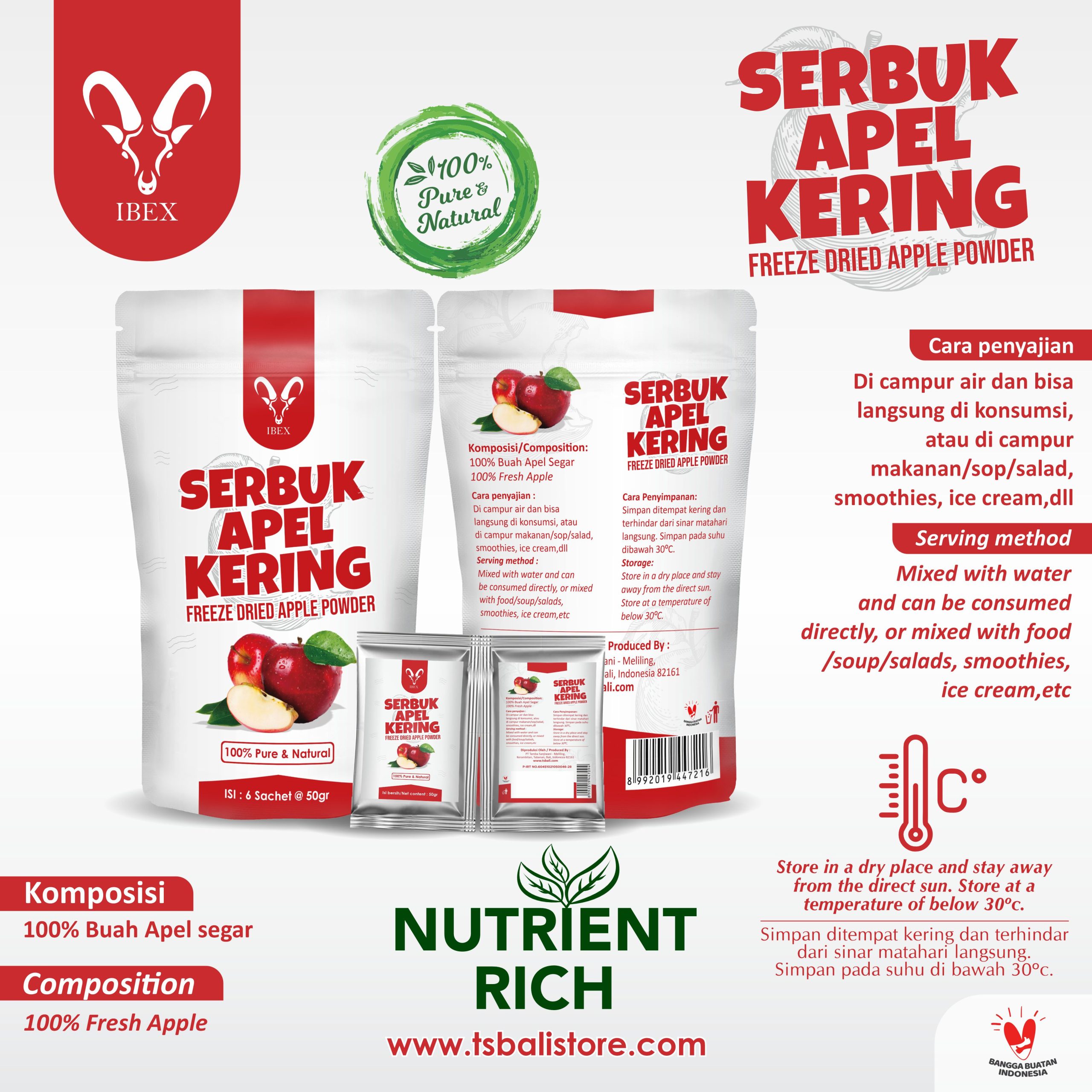 IBEX Freeze Dried Apple Powder Pure/Bubuk Apel 100% Asli 6s @50gr - 1 pouch - Image 2