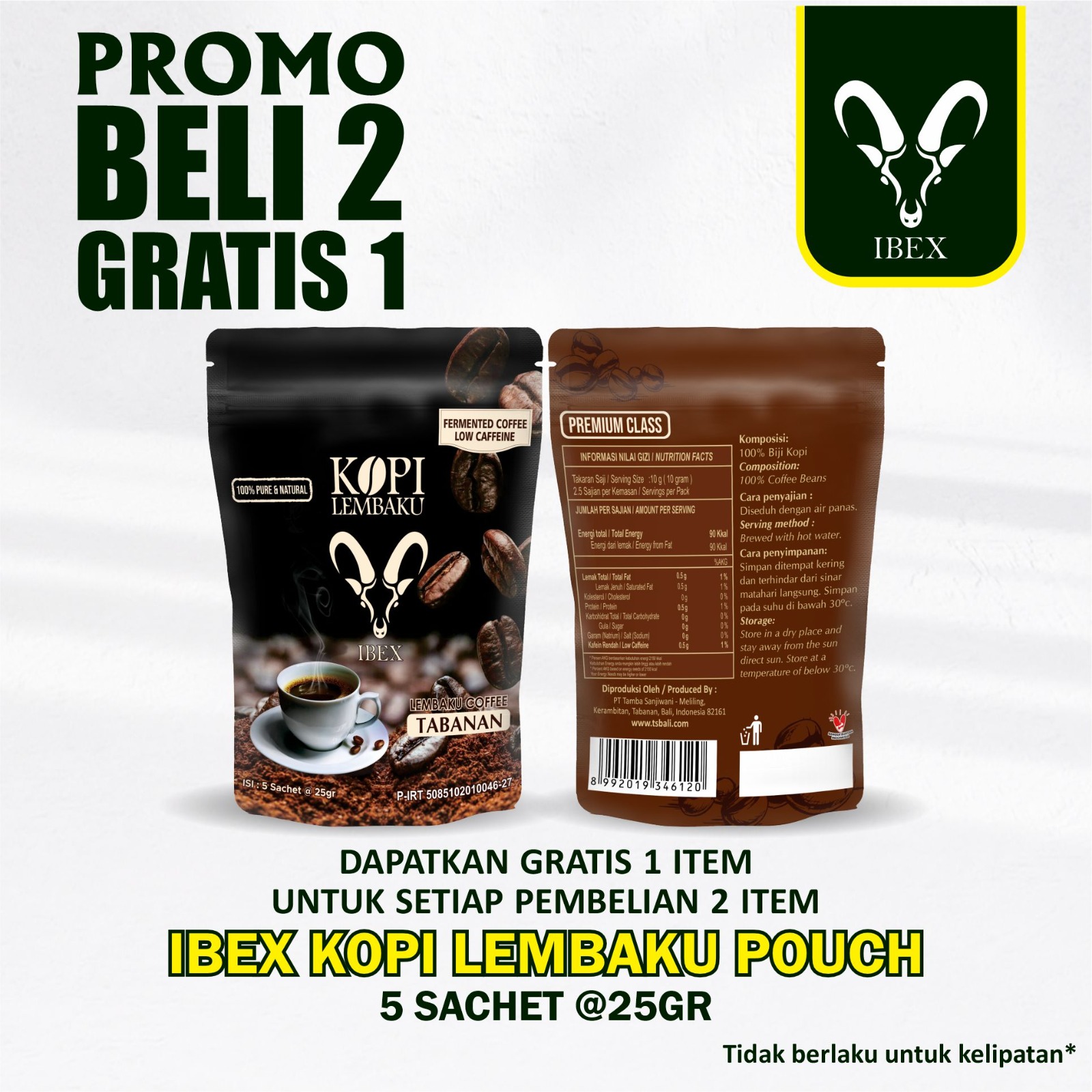 IBEX Lembaku Coffee / Fermented Coffee & Low Caffeine 25gr x 5 Sachet