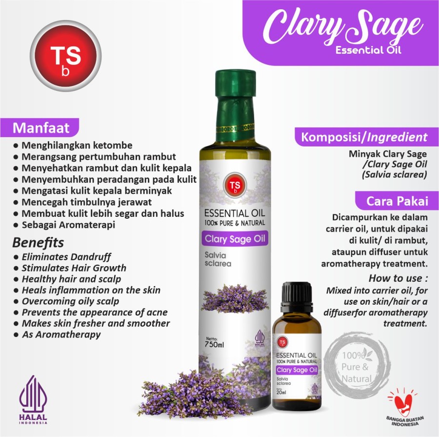 TSb Clary Sage Essential Oil Diffuser Humidifier | Minyak Esensial | Air Purifier Aromatherapy Oil EO 750ml - Image 2